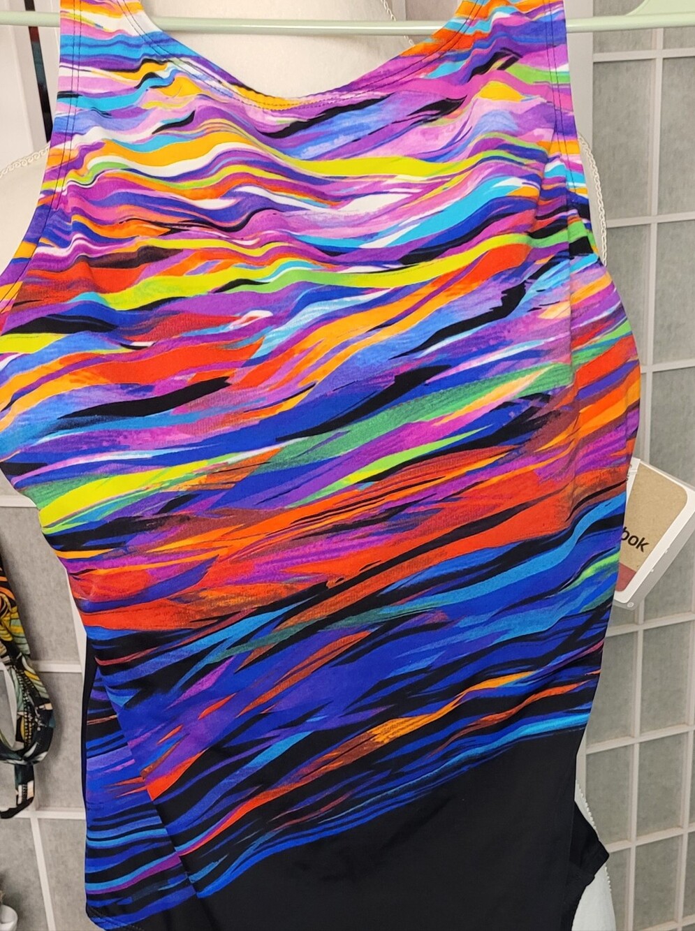 Vibrant Multicolor Wave Rainbow Print One-Piece Swimsuit By Reebok, Sz 12